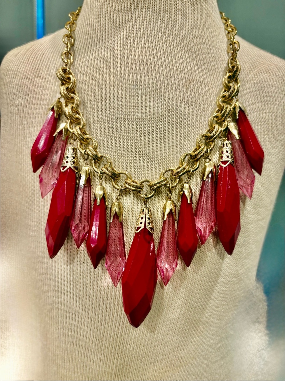 Gold Chain Statement Necklace with Fuchsia and Light Pink Crystal Drops - Picture 13 of 14